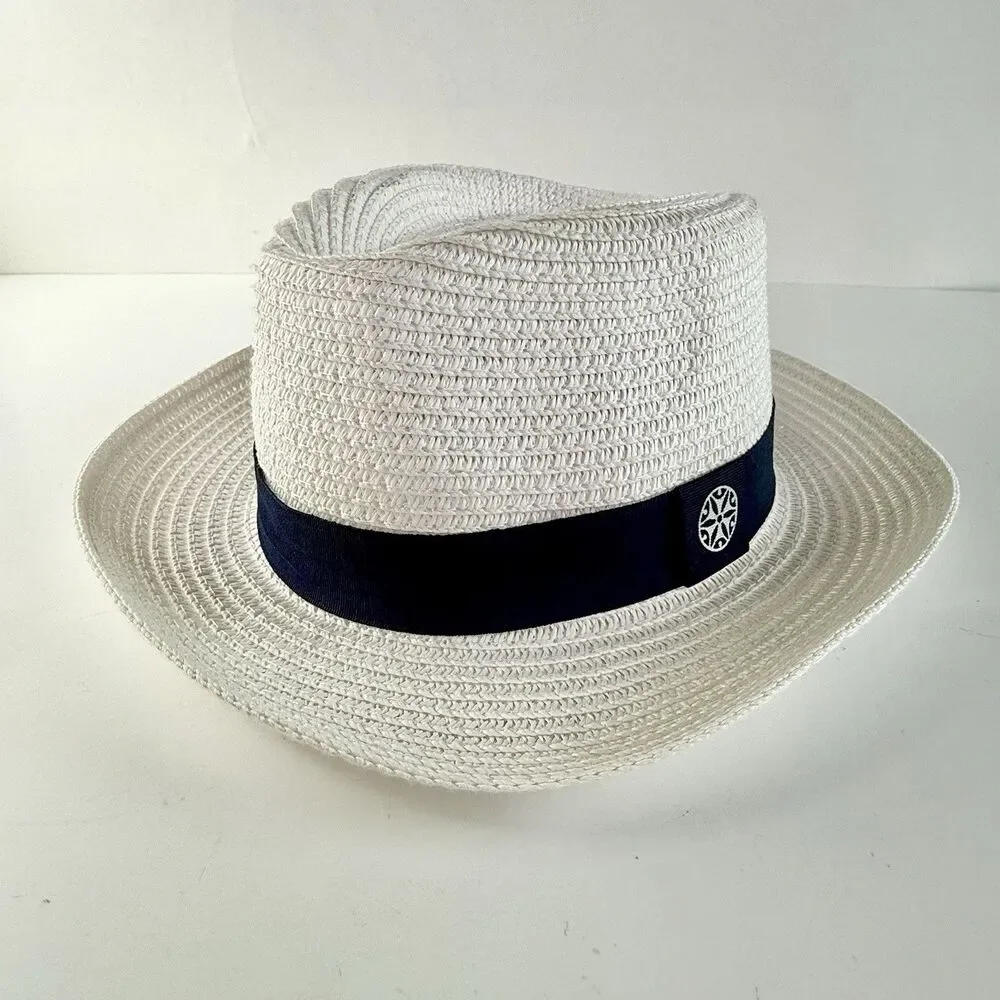 NICE & BELLA Unisex White w/Blue Band Med Brim Panama Woven Fedora Sun Hat